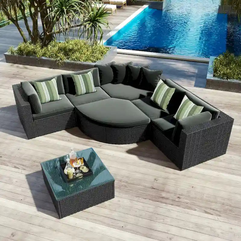 Ensemble de patio modulable réversible en osier d'extérieur 7 pièces avec table, coussins et oreillers - 94,1 x 94,1 po