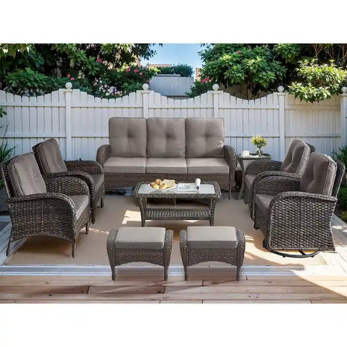 9 Piece Outdoor Wicker Sofa with Swivel Chair and Ottomans Coffee Table - Brown