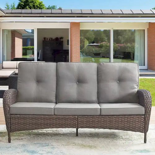 Ensemble de canapé d'extérieur en osier 9 pièces avec fauteuil pivotant, poufs et table basse - Marron