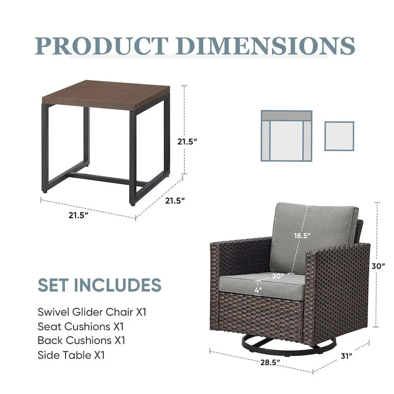 Ensemble de 3 fauteuils de jardin pivotants et à bascule - Marron