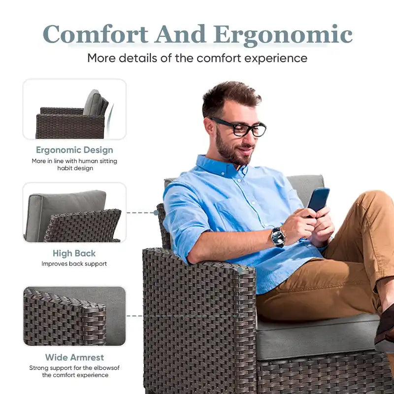 3-Piece Patio Outdoor Swivel Glider Rocker Chair Set - Brown