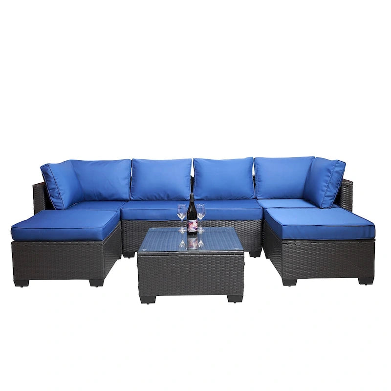Salon de jardin extérieur 7 pièces en rotin PE avec coussins et table basse