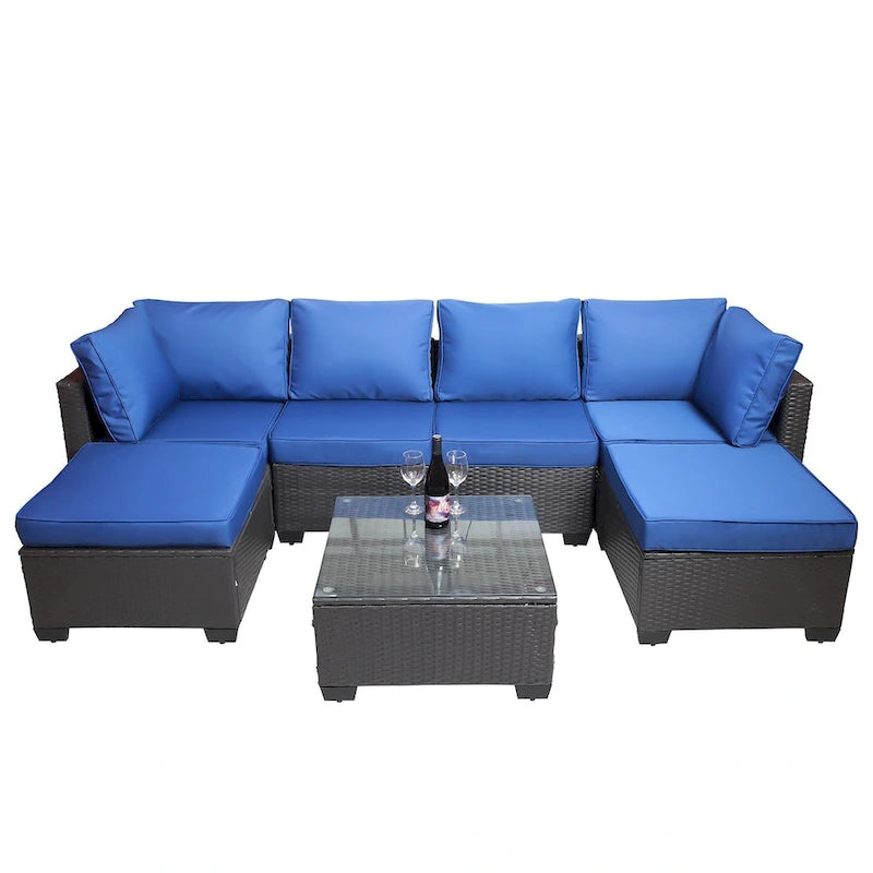 Salon de jardin extérieur 7 pièces en rotin PE avec coussins et table basse