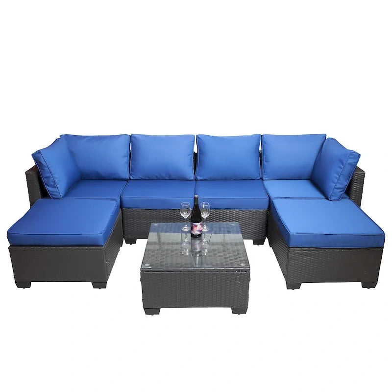 Salon de jardin extérieur 7 pièces en rotin PE avec coussins et table basse