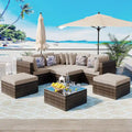8-Piece Outdoor Brown Wicker Conversation Sofa Set with Beige Cushions and Colorful Pillows