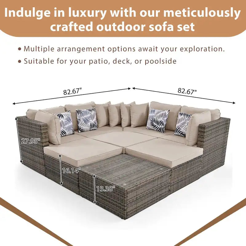 8-Piece Outdoor Brown Wicker Conversation Sofa Set with Beige Cushions and Colorful Pillows
