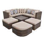 8-Piece Outdoor Brown Wicker Conversation Sofa Set with Beige Cushions and Colorful Pillows