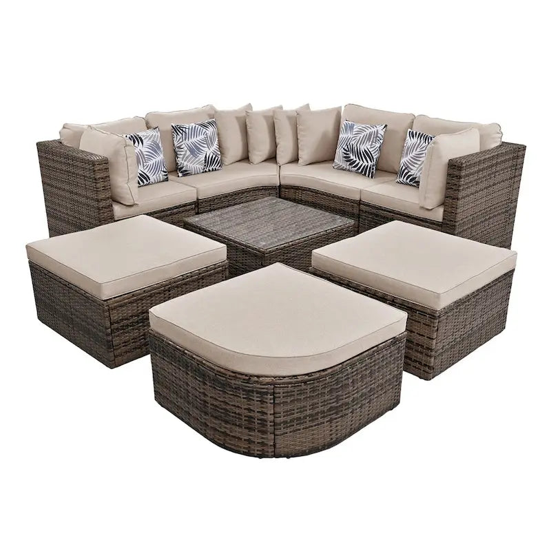 8-Piece Outdoor Brown Wicker Conversation Sofa Set with Beige Cushions and Colorful Pillows