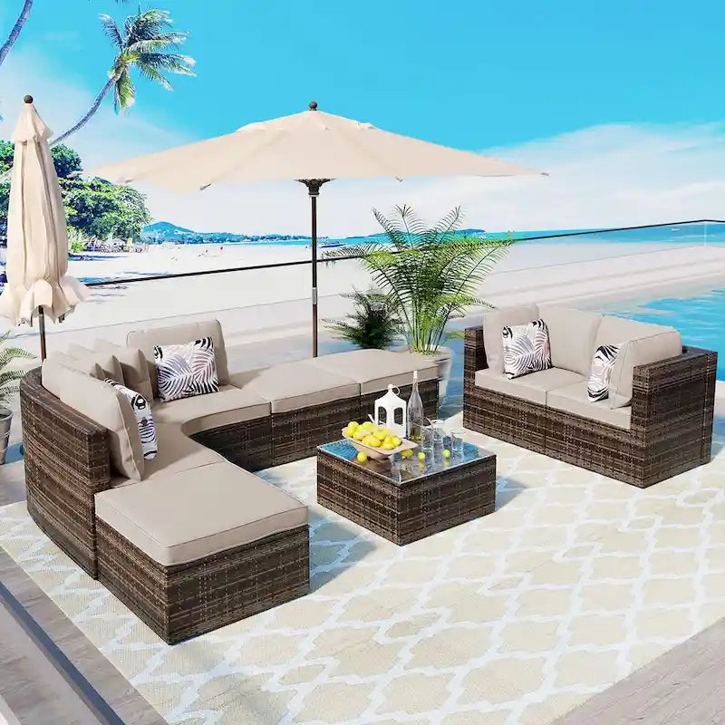 8-Piece Outdoor Brown Wicker Conversation Sofa Set with Beige Cushions and Colorful Pillows