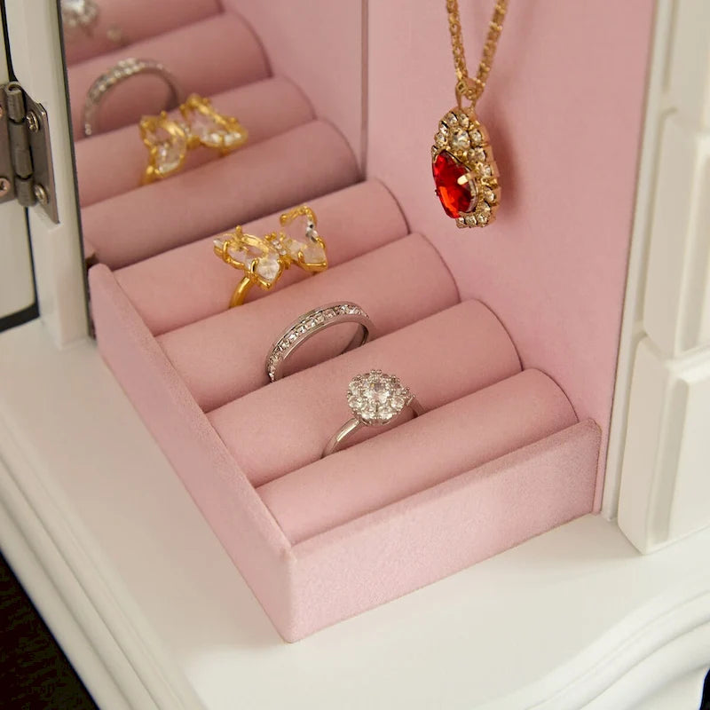 Boîte à Bijoux Stufurhome en Bois Massif avec 5 Tiroirs, Crochet pour Colliers Intégré et Miroir, Marron