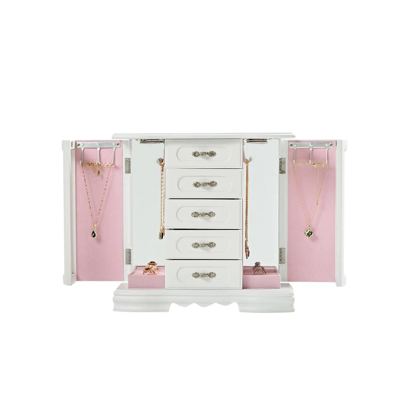 Boîte à Bijoux Stufurhome en Bois Massif avec 5 Tiroirs, Crochet pour Colliers Intégré et Miroir, Marron