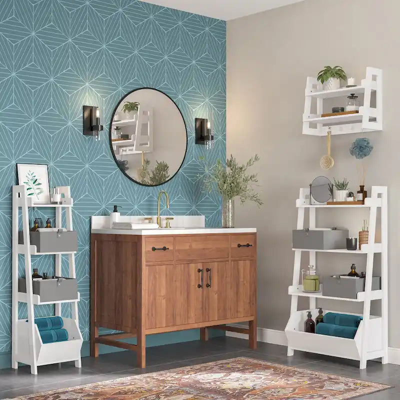 Étagère échelle à 4 niveaux de 61 cm avec étagère de présentation et bac de rangement – Blanc avec 2 étagères murales invisibles de 25 cm