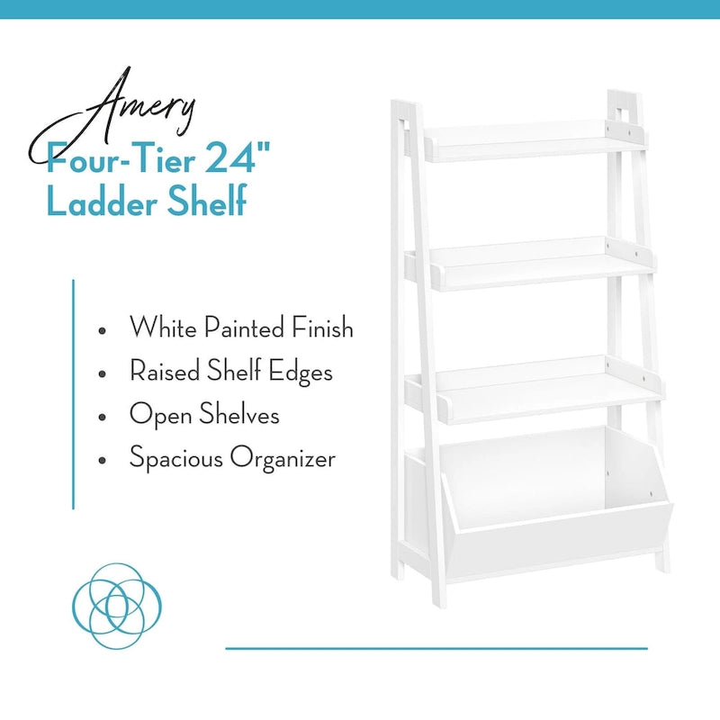 Étagère échelle à 4 niveaux de 61 cm avec étagère de présentation et bac de rangement – Blanc avec 2 étagères murales invisibles de 25 cm