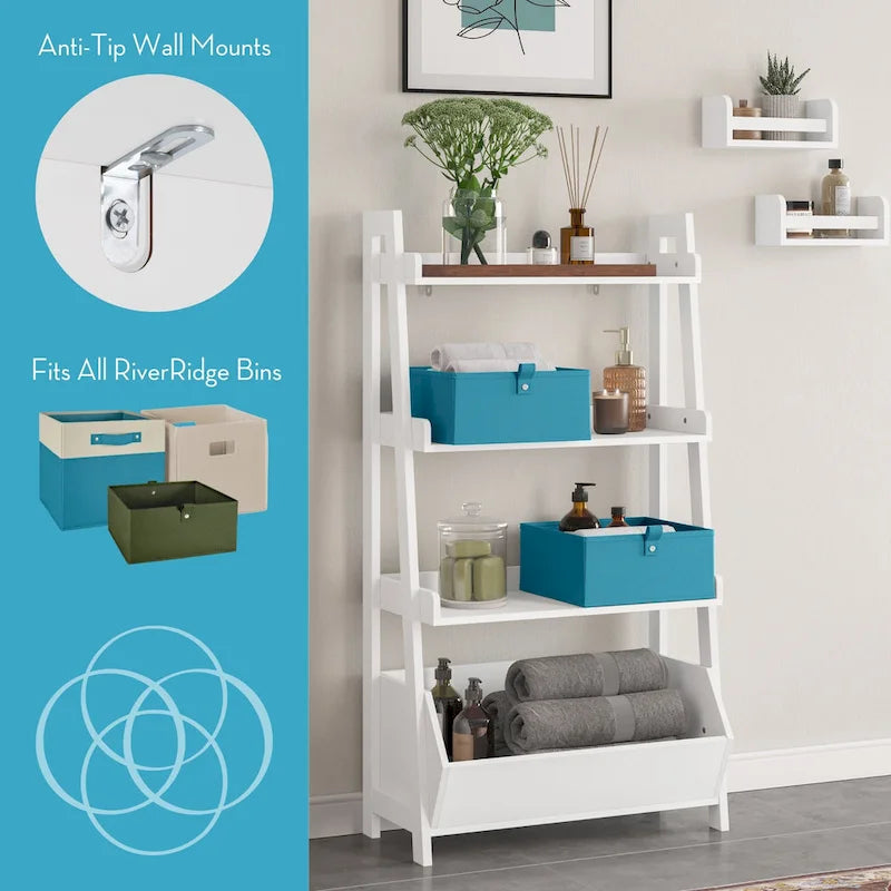Étagère échelle à 4 niveaux de 61 cm avec étagère de présentation et bac de rangement – Blanc avec 2 étagères murales invisibles de 25 cm