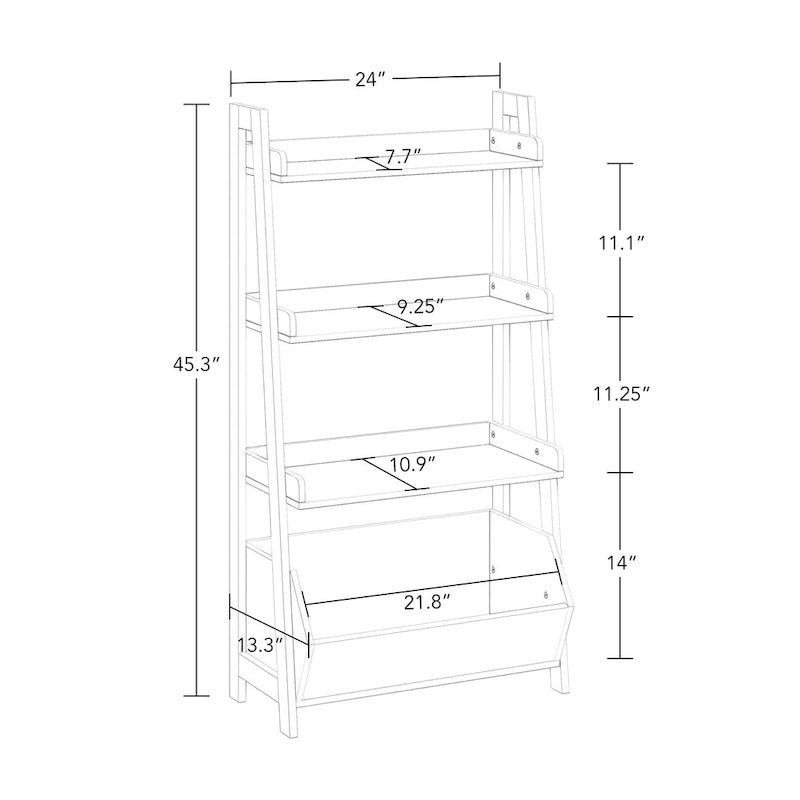 Étagère échelle à 4 niveaux de 61 cm avec étagère de présentation et bac de rangement – Blanc avec 2 étagères murales invisibles de 25 cm