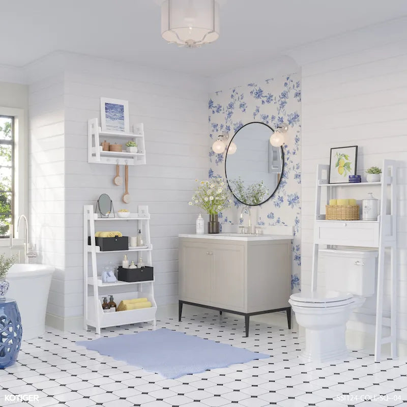 Étagère échelle à 4 niveaux de 61 cm avec étagère de présentation et bac de rangement – Blanc avec 2 étagères murales invisibles de 25 cm