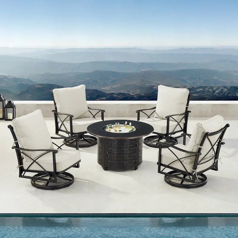 Ensemble table brasero en aluminium noir avec quatre fauteuils de club