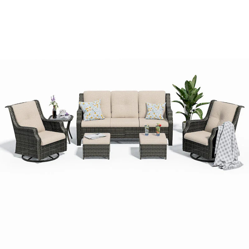 Cozywor 6-Piece Outdoor Patio Swivel Rocking Wicker Conversation Lounge Chairs with Side Table and Ottoman