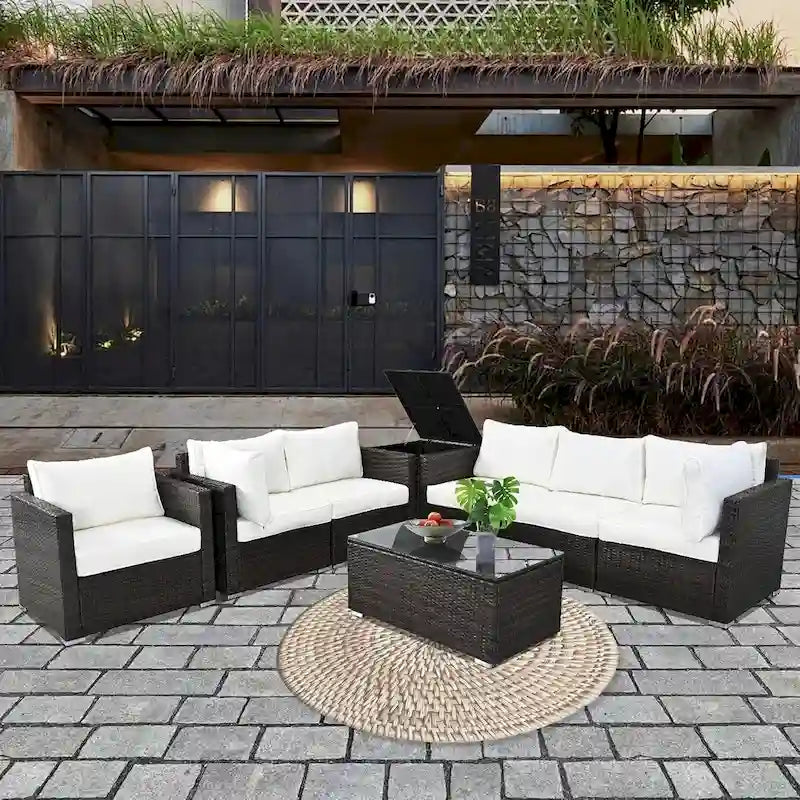 8-Pieces Brown Wicker Outdoor Sectional Set with Glass Coffee Table