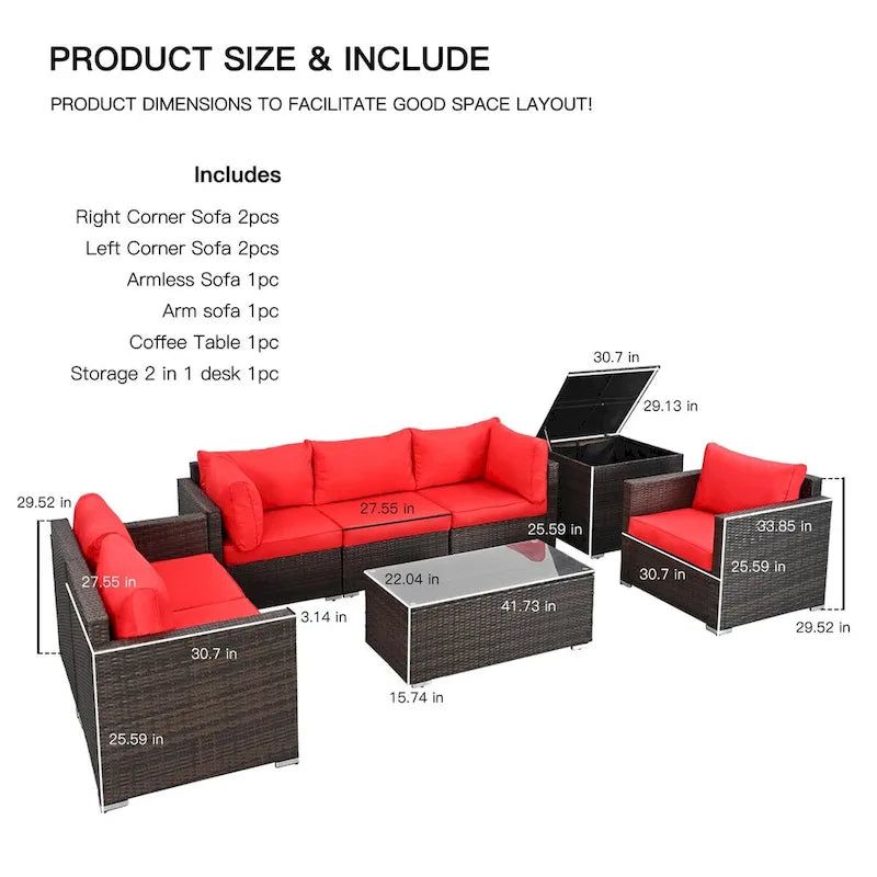 8-Pieces Brown Wicker Outdoor Sectional Set with Glass Coffee Table