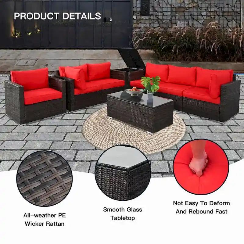 8-Pieces Brown Wicker Outdoor Sectional Set with Glass Coffee Table