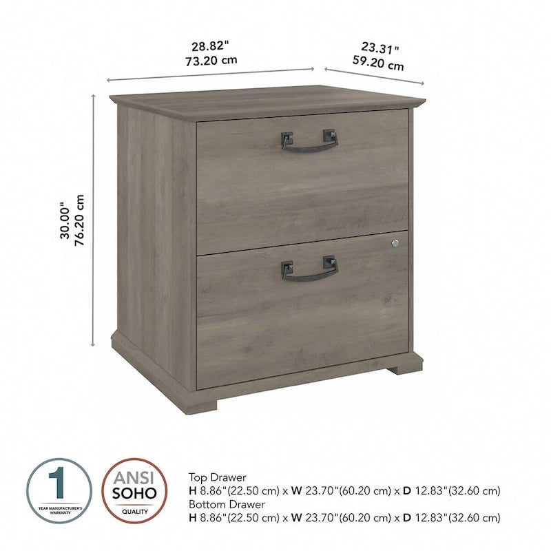Classeur latéral de ferme, 2 tiroirs, Chêne blanc lin / Gris bois flotté, Utilisateur unique