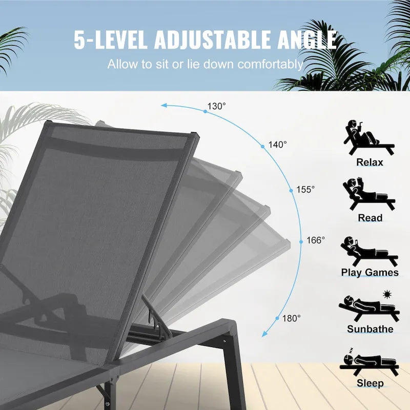 Chaises longues d'extérieur, chaises longues de patio en aluminium avec 5 positions réglables, chaises longues de piscine pliantes inclinables