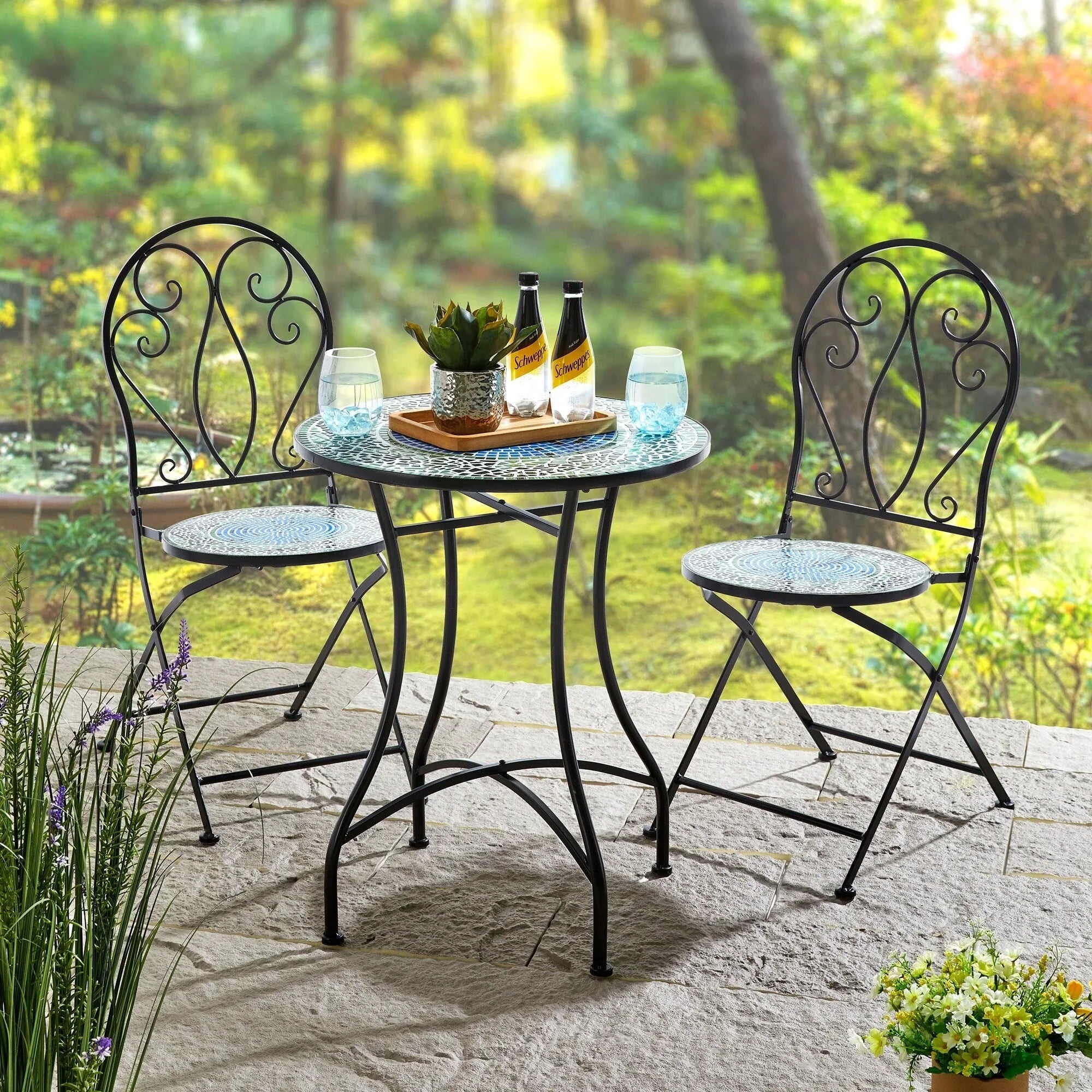 Ensemble bistrot pliant en métal Glitzhome pour extérieur, 3 pièces, table et chaises de patio