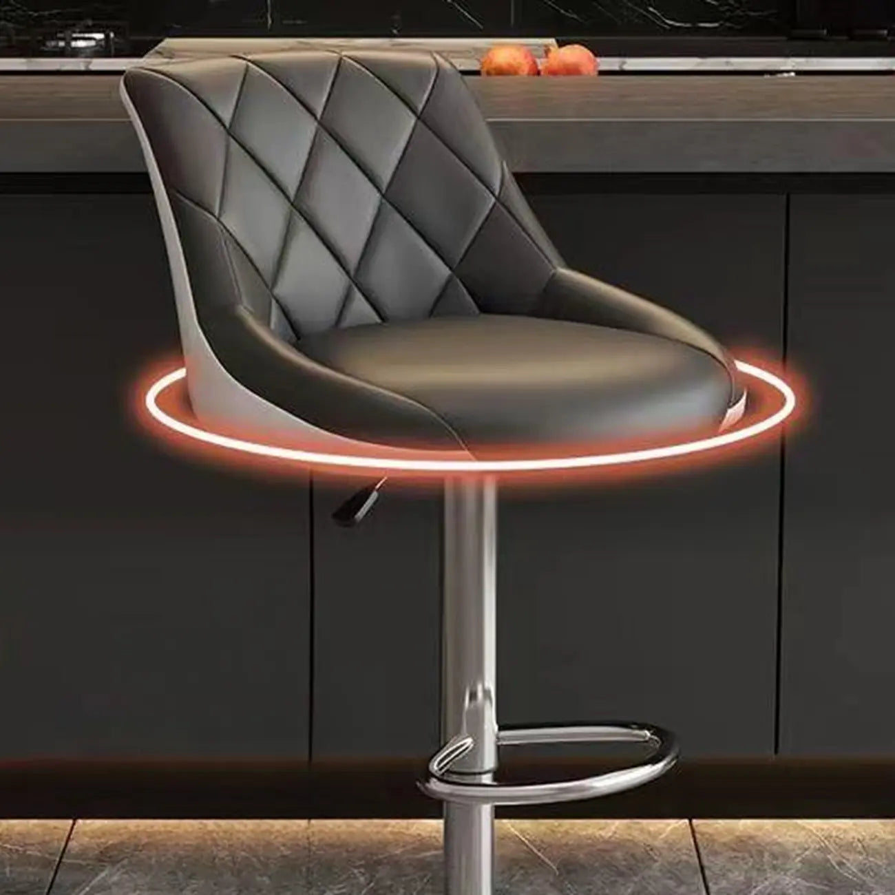 Tabouret de bar pivotant, capitonné en losanges, réglable, cuir PU noir et rouge