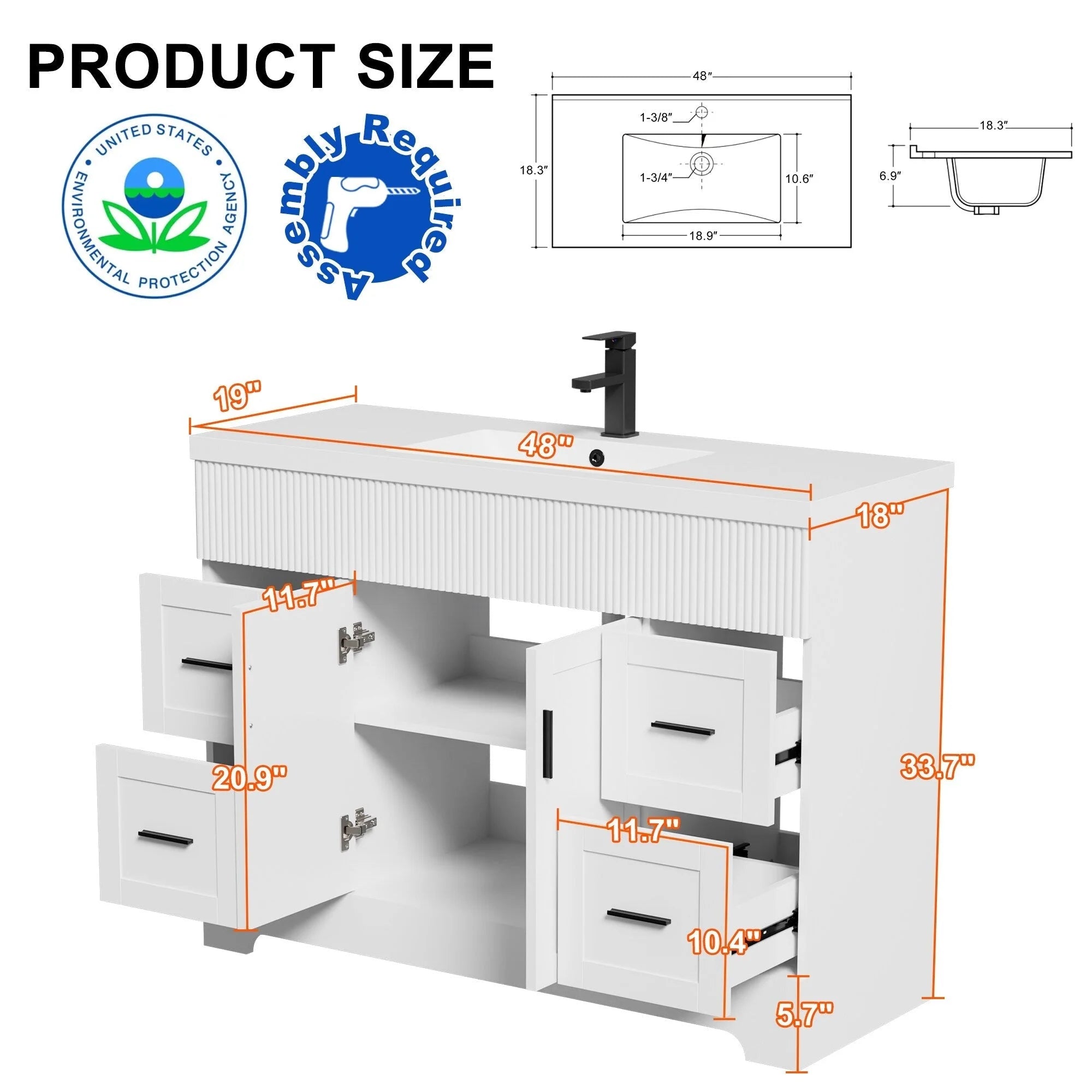 Meuble-lavabo de salle de bain Wavy Line 30/36/48 avec évier et robinet