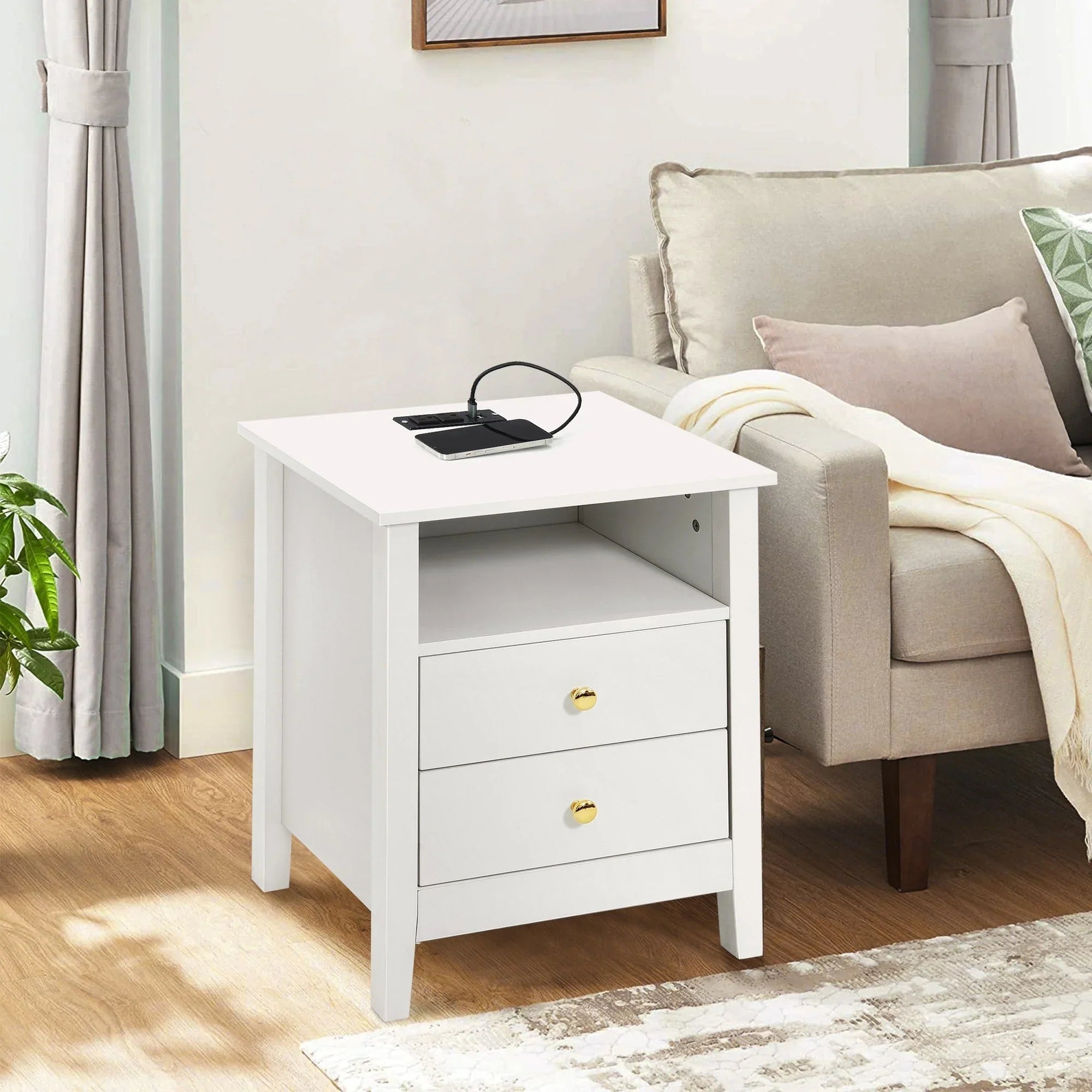 Tables de chevet (lot de 2) avec station de charge, table d'appoint avec 2 tiroirs, ports USB et prises, pour chambre à coucher
