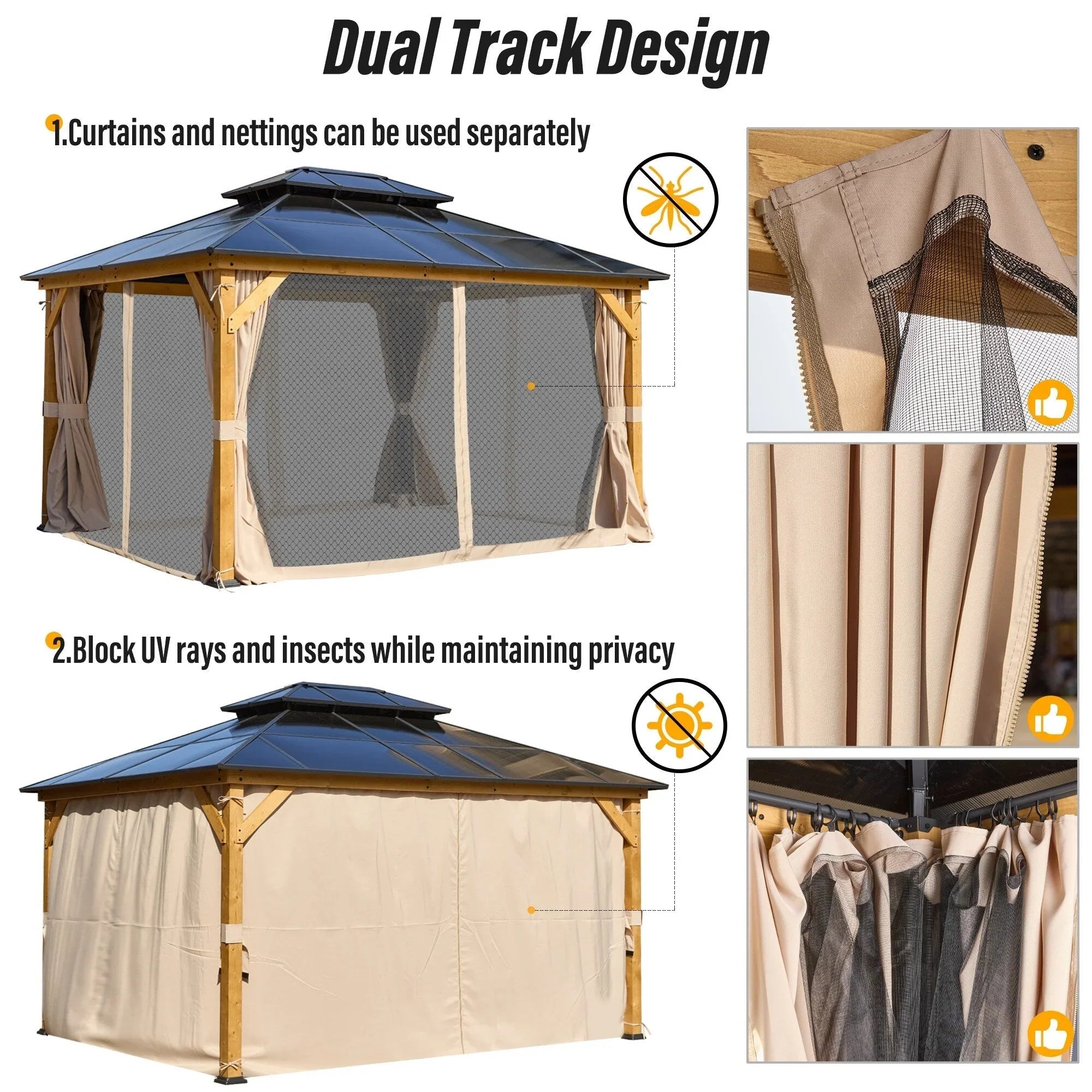 Tonnelle EROMMY à toit rigide, pergola extérieure avec double toit, moustiquaire et rideaux, auvent robuste pour patio, jardin, fête au bord de la piscine