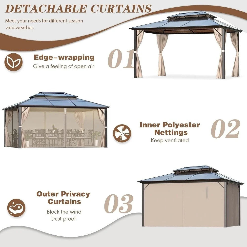 Tonnelle EROMMY à toit rigide, pergola extérieure avec double toit, moustiquaire et rideaux, auvent robuste pour patio, jardin, fête au bord de la piscine