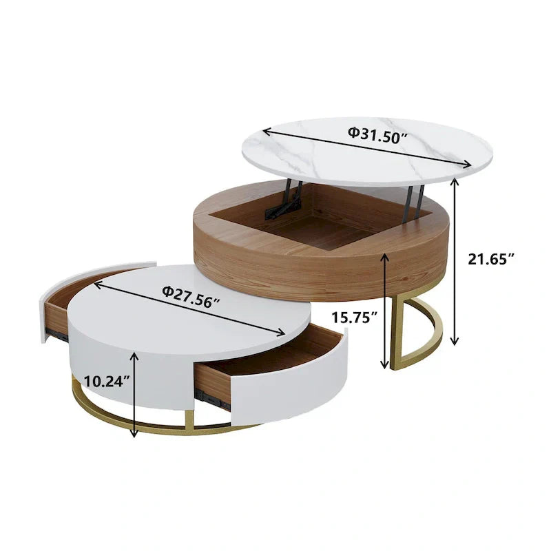 Table basse ronde blanche avec rangement, plateau relevable en bois, avec tiroirs rotatifs blanc naturel