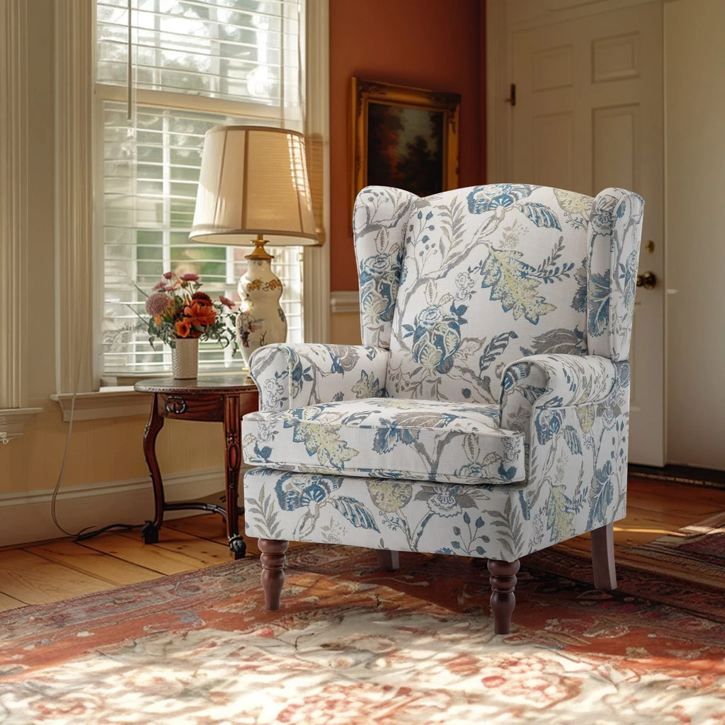 Fauteuil d'appoint moderne Erommy, fauteuil à dossier haut, canapé simple en tissu rembourré avec boutons et pieds en bois pour salon