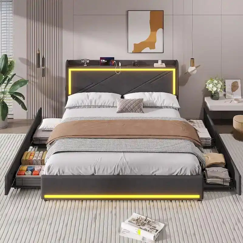 Cadre de lit avec lumières LED, tête de lit et station de charge USB-C/A, 4 tiroirs