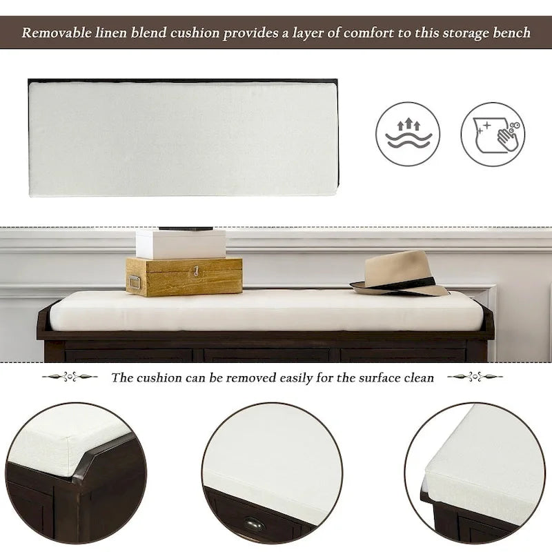 Banc de rangement rustique avec 3 tiroirs et 3 paniers en rotin, banc à chaussures pour salon, entrée