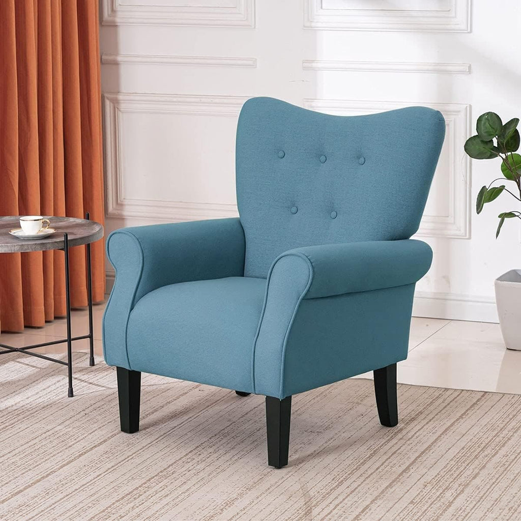 Fauteuil d'appoint moderne Erommy, fauteuil à dossier haut, canapé simple en tissu rembourré avec boutons et pieds en bois pour salon