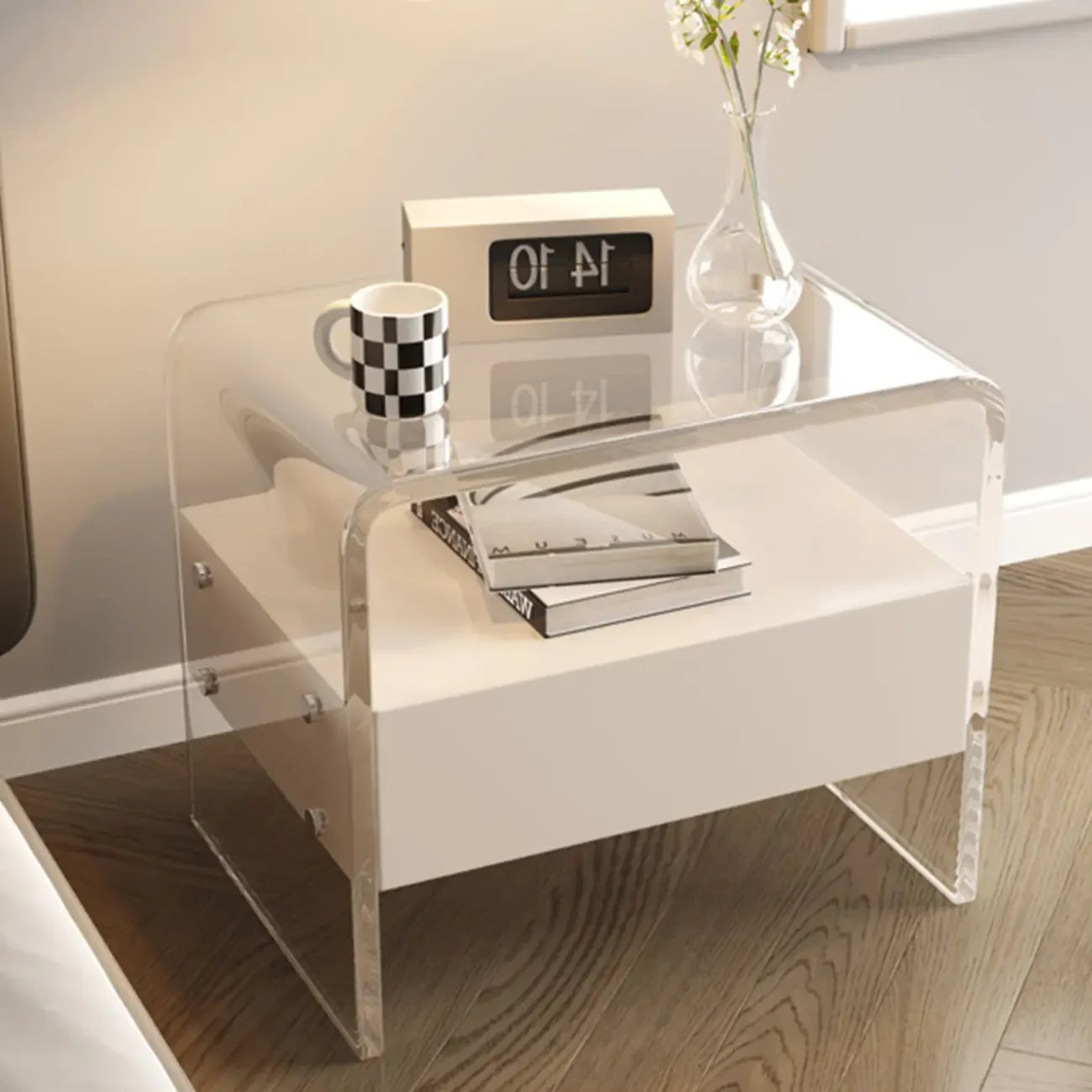 Table de chevet avec tiroirs en acrylique transparent