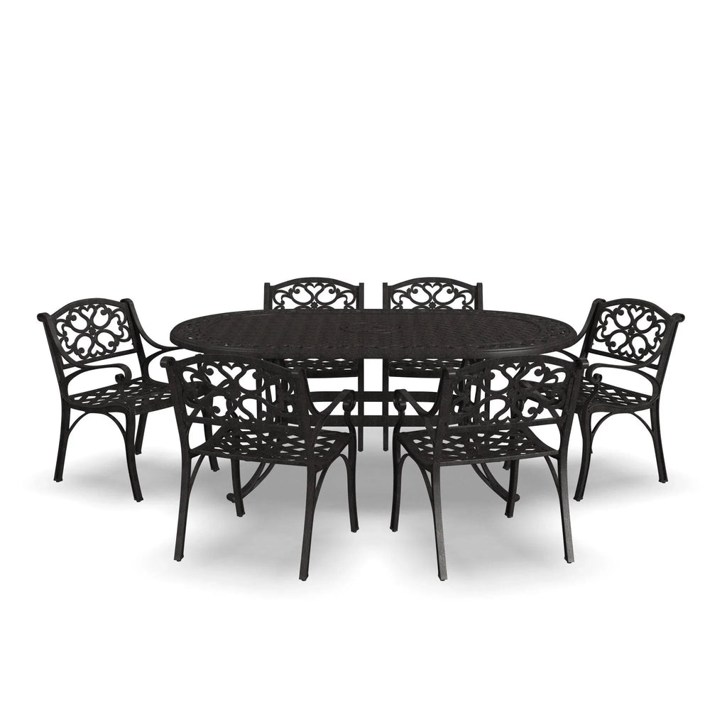 Ensemble de salle à manger d'extérieur 7 pièces en aluminium bronze Sanibel avec table à manger ovale de 72 et six fauteuils par Homestyles