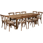 Ensemble de 10 chaises à dossier croisé et coussins avec table de ferme pliante rustique 8 x 40
