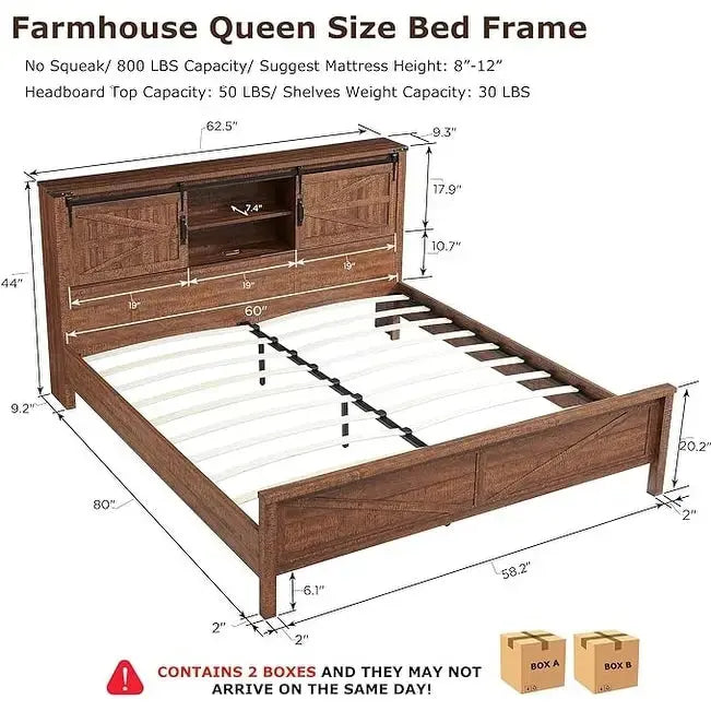Lit queen size de style campagnard avec étagères de rangement et station de charge