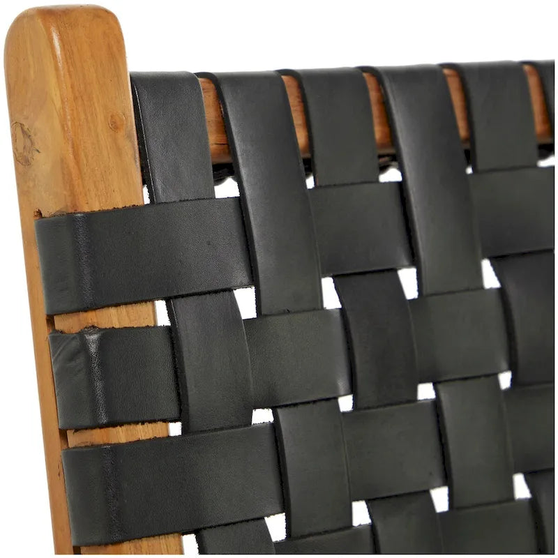 Chaises de salle à manger tressées faites à la main en cuir avec cadre en bois de teck - Lot de 2 Marron, Blanc ou Noir - Roche River Decor