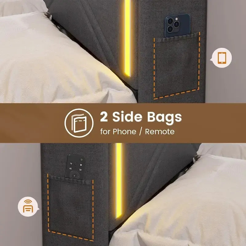 Cadre de lit avec lumières LED, tête de lit et station de charge USB-C/A, 4 tiroirs