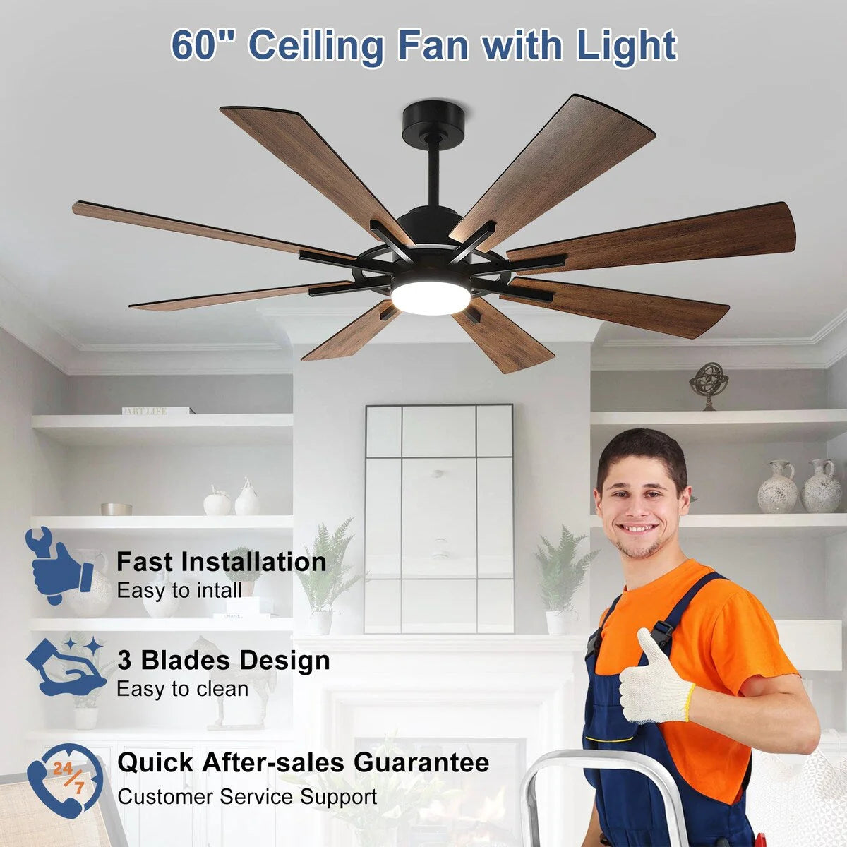 Ventilateur de plafond télécommandé avec lumières, grandes 8 pales en bois