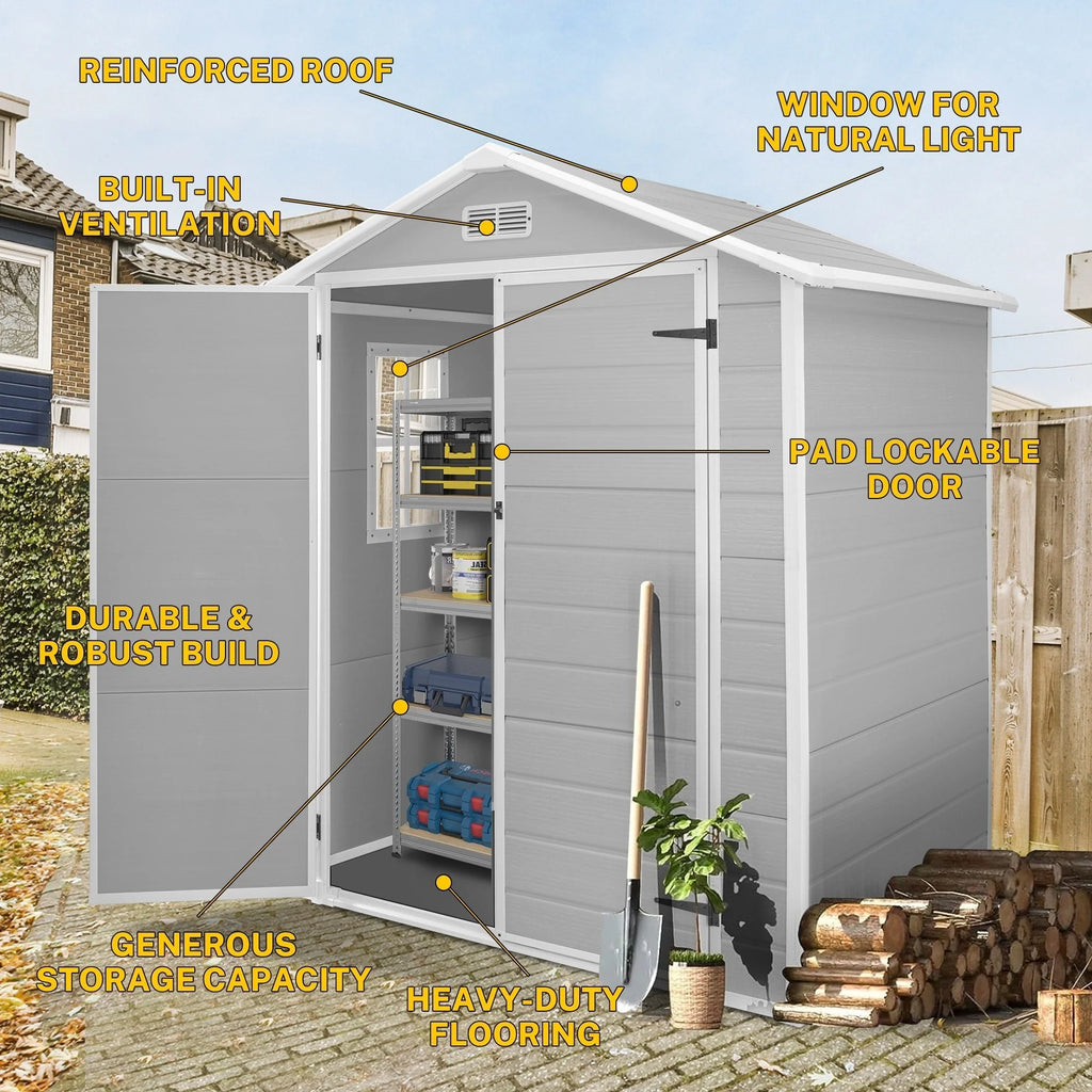 Abri de jardin en résine toutes saisons avec plancher, 1,8 m x 1,2 m/1,8 m x 2,4 m/2,4 m x 1,8 m/2,4 m x 3 m, Spire Tool Shed